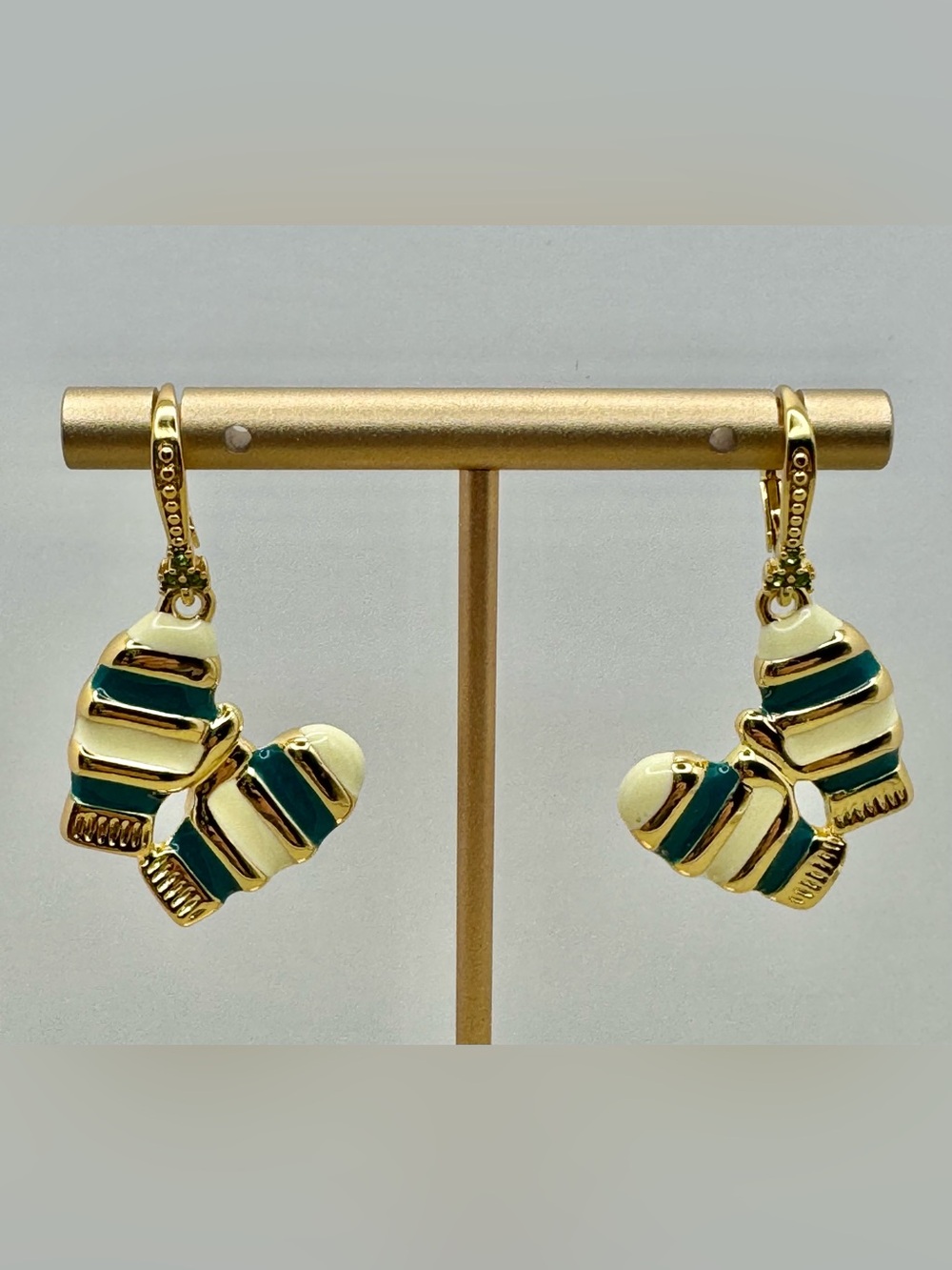 Cream and Teal Striped Enamel Winter Mittens Dangle Earrings NEW Gold Tone
